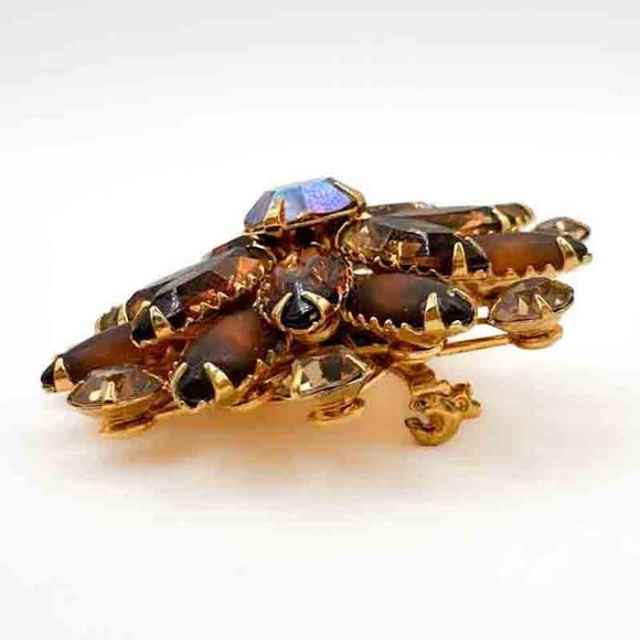 Vintage Signed Judy Lee Rhinestone Brooch Amber Aurora Borealis Star 2" c1970s - Picture 8 of 12